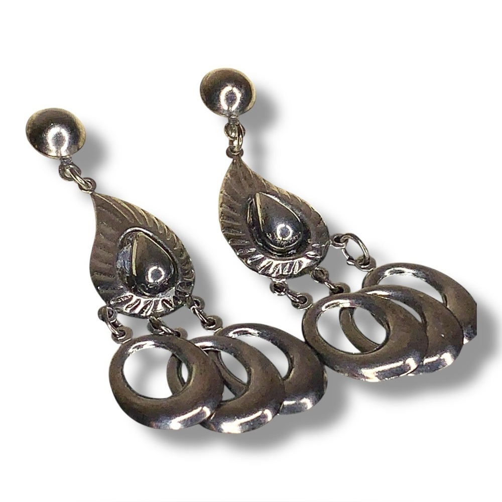 Vintage Rare Dark Silver Chrome Earrings Art Deco  Dangle Chandelier Style Mod